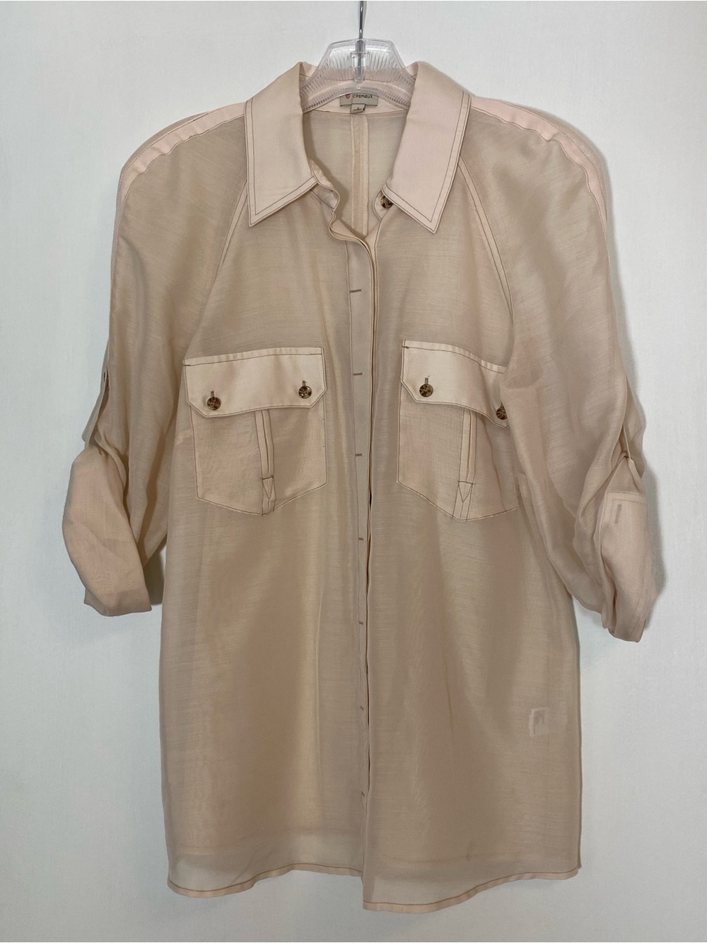 Cremieux Sheer Tan Safari Blouse with Roll-Up Sleeves Size S